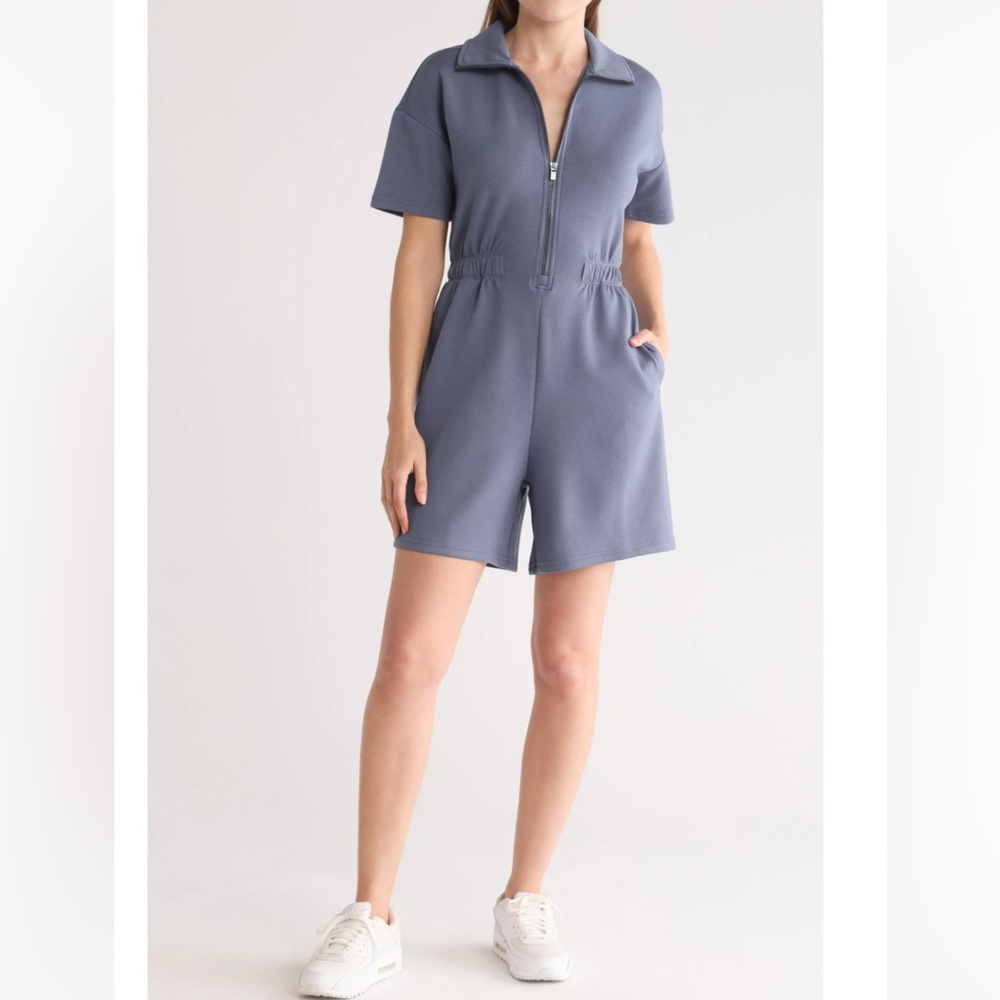 Yogalicious Slate Blue Zip-Front Short Sleeve Romper